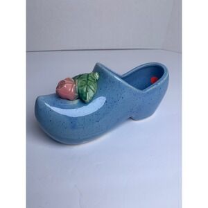 Vintage Blue Speckled Ceramic Dutch Clog Shoe Figurine Pink Rose Floral Planter